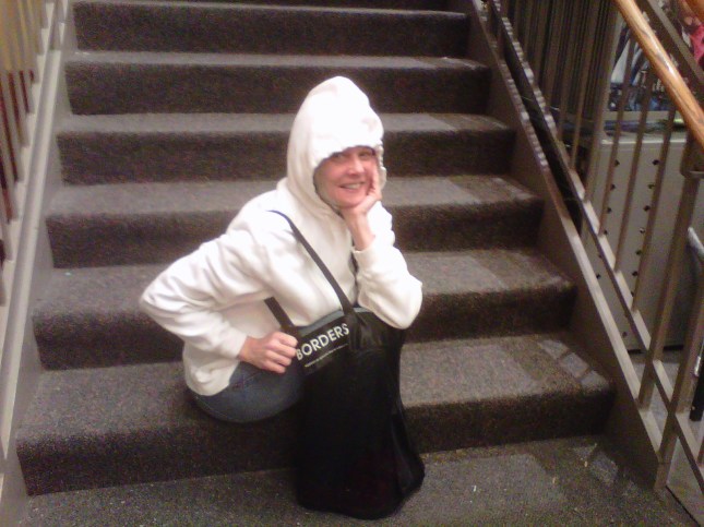 Colby in a Borders bag